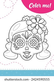 Coloring page for kids with cartoon Mexico woman skull for dia de los muertos holiday