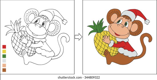 Coloring page for kids. Cartoon monkey in Santa Claus hat with pineapple. Creative vector illustration.