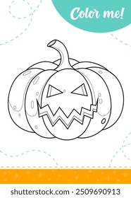 Coloring page for kids with cartoon scary carved pumpkin.A printable worksheet, vector illustration.	