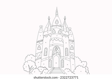 Coloring page for kids with castle, palace. Color by numbers. Coloring book. Vector illustration. Mathematics educational children game.