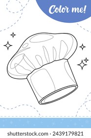 Coloring page for kids with chefs hat.
A printable worksheet, vector illustration.