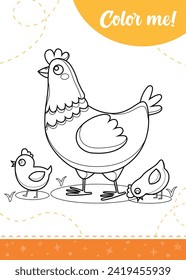 Coloring page for kids with chicken and chicks.
A printable worksheet, vector illustration.