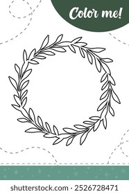 Coloring page for kids with Christmas decorative pine wreath. A printable worksheet, vector illustration.	