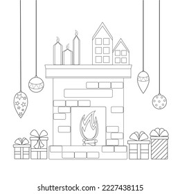 Coloring page for kids. Christmas fireplace and gifts. Christmas doodle set.