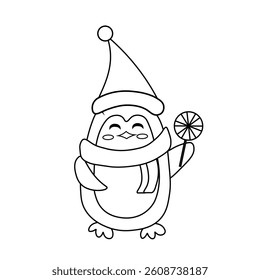 Coloring page for kids with Christmas penguin. Printable worksheet. Activity for preschoolers. Vector