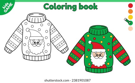 Coloring page for kids. Christmas ugly sweater with Santa Claus. Color holiday New Year jumper. Activity book for preschool children. Vector outline illustration of traditional clothes for Xmas party.