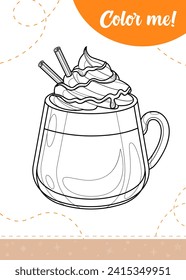Coloring page for kids with cocoa cup and cinnamon sticks.
A printable worksheet, vector illustration.