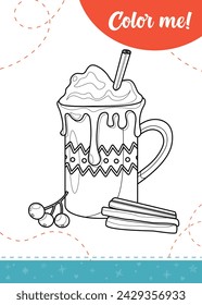 Coloring page for kids with cocoa cup and cinnamon sticks. 
A printable worksheet, vector illustration.