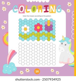 Coloring page for kids – color grid as per the pattern. Preschool printable game for Activity book Unicorns. Vector illustration. Square format. Game to boost attention and focus.