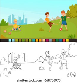 Coloring page kids composition with two pics not painted and painted for childrens creativity vector illustration