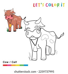 Coloring Page for kids, Cow or calf coloring page with guideliness