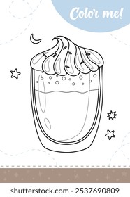 Coloring page for kids with cozy cocoa cup. A printable worksheet, vector illustration.