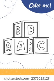Coloring page for kids with kids cubes.
A printable worksheet, vector illustration.