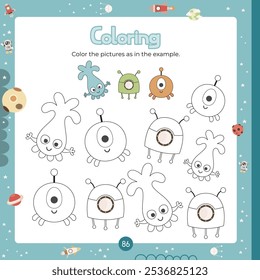 Coloring page for kids cute Alien. Preschool printable game for Activity book Outer Space. Vector illustration. Square format. Color pictures as in example.