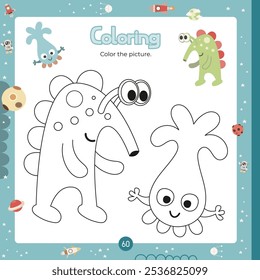 Coloring page for kids cute aliens. Preschool printable game for Activity book Outer Space. Vector illustration. Square format. Page for coloring book.