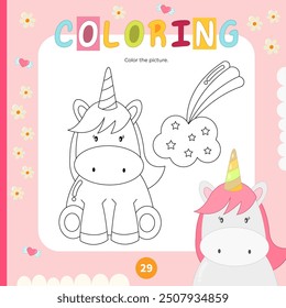 Coloring page for kids cute baby unicorn. Preschool printable game for Activity book Unicorns. Vector illustration. Square format.