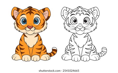 Dibujo para colorear para niños lindo bebé cachorro de tigre. Ilustración vectorial dibujado a mano aislado sobre un fondo blanco. Se puede utilizar en Diseño web, impresión, libros para colorear para niños.