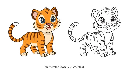 Coloring page for kids cute baby tiger cub. Vector illustration hand-drawn isolated on a white background. It can be used in web design, printing, coloring books for children.