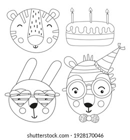 Coloring page for kids. Cute birthday animals – tiger, zebra, bunny. Vector illustration. Funny coloring book for children.