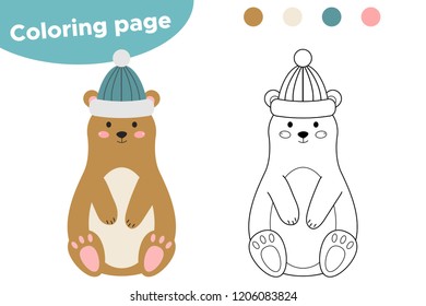 Coloring page for kids. Cute cartoon bear with winter hat. Woodland animals. Vector illustration.