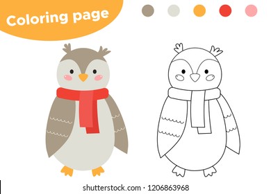 Coloring page for kids. Cute cartoon owl. Woodland animals. Owl to wear a scarf. Vector illustration