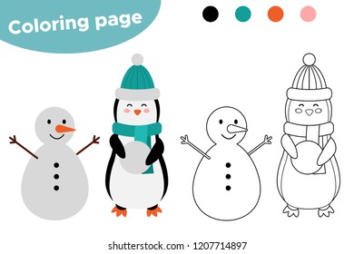 Coloring page for kids. Cute cartoon penguin with snowman. Arctic animals. Vector illustration