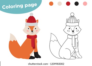 Coloring page for kids. Cute cartoon fox. Woodland animals. Fox to wear a winter hat and scarf. Vector illustration