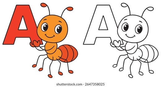 Coloring Page For Kids. Cute Cartoon Ant Holding an A Alphabet Letter on White Background