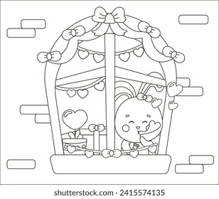 Coloring page for kids with cute decorated window for valentine day , bunny inside, love in the air theme, printable worksheet