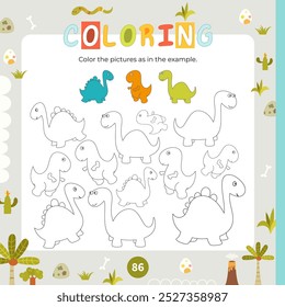 Coloring page for kids cute Dino. Preschool printable game for Activity book Dinosaurs. Vector illustration. Square format. Color pictures as in example.