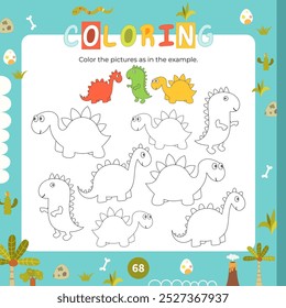 Coloring page for kids cute Dino. Preschool printable game for Activity book Dinosaurs. Vector illustration. Square format. Color pictures as in example.