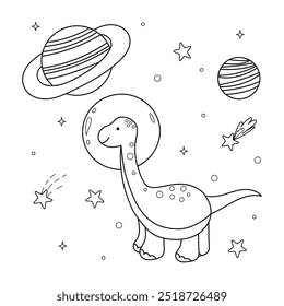 Página de cores para crianças. Dinossauro bonito no espaço, contorno. Dino engraçado em traje de astronauta. Estrelas e planetas. Ilustração de crianças isoladas por vetor. Atividade para pré-escola.