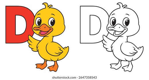 Coloring Page For Kids. Cute Duck Holding an D Alphabet Letter on White Background. Cartoon Illustration
