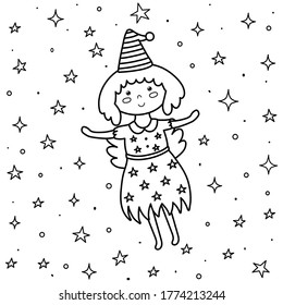 Coloring page for kids with a cute fairy. Fantasy little witch flying in the night sky. Black and white background. Vector illustration 