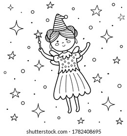 Coloring page for kids with a cute fairy. Flying princess girl with a magic wand black and white print. Great for coloring book. Vector illustration