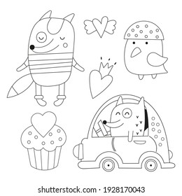 Coloring page for kids. Cute fox, bird and cupcake. Vector illustration. Funny coloring book for children.