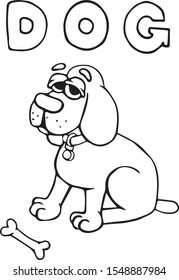Coloring page for kids with cute grumpy dog. Funny dog with bone colouring book for children