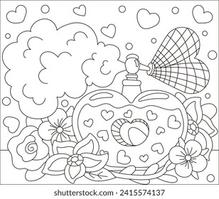 Coloring page for kids with cute heart shaped perfume bottle with flowers around, odor of love, spring in the air, printable worksheet