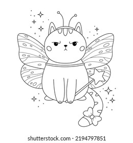 Coloring Page For Kids. Cute Kawaii Cat In Butterfly Costume. Angry Kitten. Fairy With Magic Wand. Cartoon Pet. Halloween Party. Coloring Book. Vector Illustration.