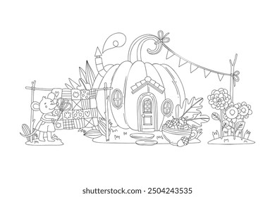 Coloring page for kids, cute mice near a pumpkin house doing housework. Autumn linear illustration.