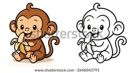Coloring page for kids cute monkey eating banana with smile. cartoon illustration