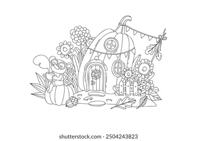 Coloring page for kids, cute mouse with pumpkin house doing housework. Autumn linear illustration.