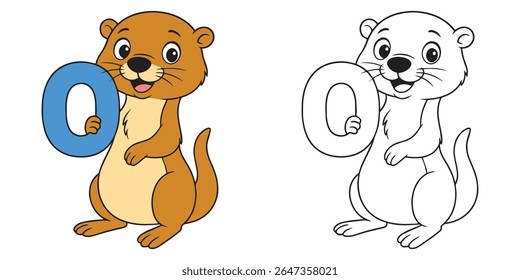 Página De Coloração Para Crianças. Lontra Fofa Segurando uma Letra O no Fundo Branco. Ilustração de desenho animado