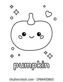 Coloring page for kids. Cute pumpkin with heart and stars. Healthy food. Black and white outline vector illustration.