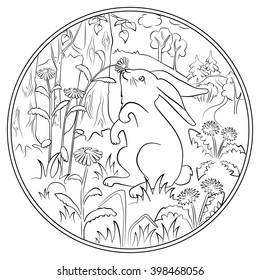 Coloring page for kids with cute rabbit in the forest 