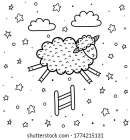 Coloring page for kids with a cute sheep jumping over the fence. Counting sheep black and white background. Good night vector illustration
