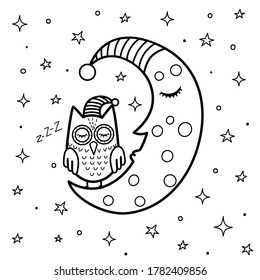 Coloring page for kids with a cute sleeping moon and owl. Good night black and white fantasy background. Great for coloring book. Vector illustration