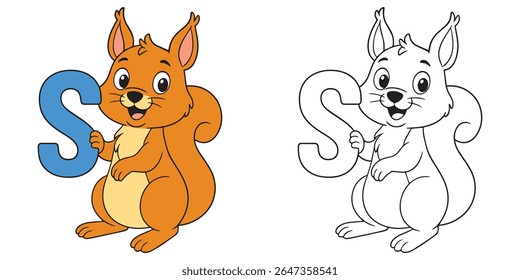 Coloring Page For Kids. Cute Squirrel Holding an S Alphabet Letter on White Background. Cartoon Illustration