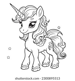 Coloring page for kids cute unicorn vector illustration.