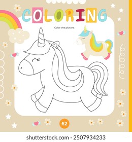 Coloring page for kids cute unicorn. Preschool printable game for Activity book Unicorns. Vector illustration. Square format.